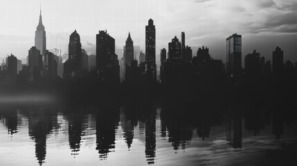 Fototapeta premium Cityscape Silhouette Reflection Urban Skyline Black and White