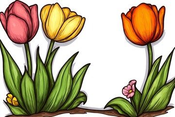 a 2D cartoon illustration of a tulip garden with red and yellow tulips, colorful and bright, white background