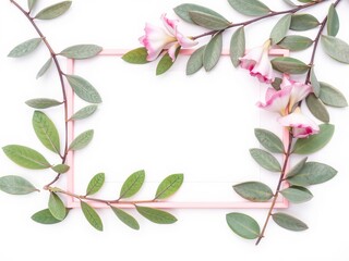 Beautiful Frame of Eucalyptus Leaves and Delicate Pink Flowers Creating a Serene Natural Composition