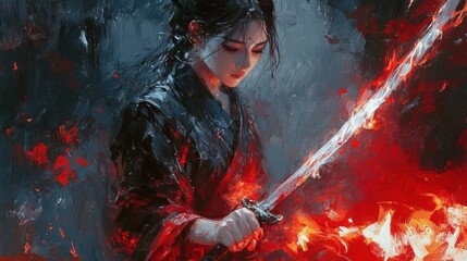 Fototapeta premium Fiery Sword Woman Abstract Digital Painting
