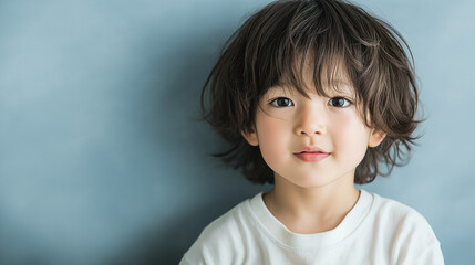 Naklejka premium A beautifully lit portrait of a young Japanese child with soft features, looking directly into the camera with a warm expression.