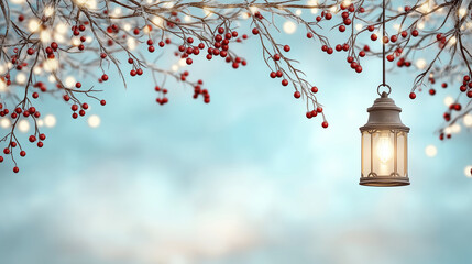 Lantern and frosted branches with berries under a winter sky