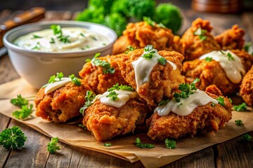 Fototapeta premium Crispy Fried Chicken with Creamy Mayo & Parsley - Delicious Fast Food Lunch or Dinner