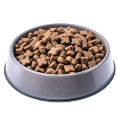 Close-up image of a gray bowl filled with dry dog food on a plain transparent background isolated on white background  