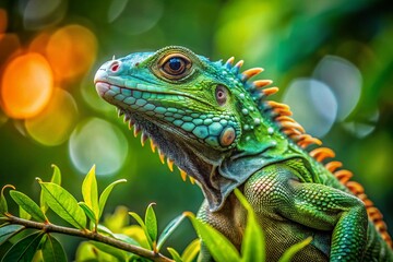 Fototapeta premium Critically Endangered Utila Iguana on Branch - Tilt-Shift Photography