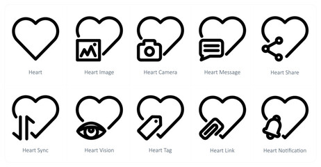 A set of 10 heart icons as heart, heart image, heart camera