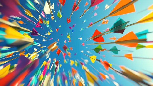 In a vibrant 3D rendering, a flurry of arrows streaks towards their targets, a symbol of triumph and burgeoning growth, as they pierce the sky, promising boundless possibilities.