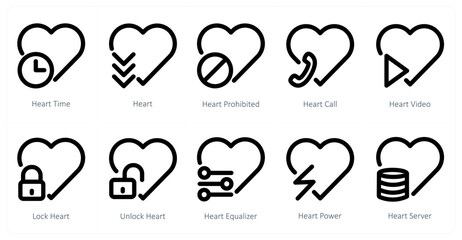 Fototapeta premium A set of 10 heart icons as heart time, heart, heart prohibited, heart call