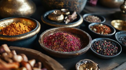 Aromatic Spices  Herbs   Peppercorns in Antique Bowls