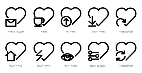 A set of 10 heart icons as heart message, heart, up heart