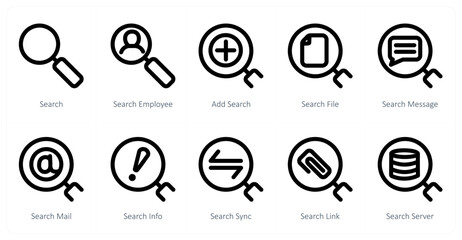 A set of 10 search icons as search, search employee, add search