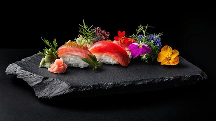 Elegant sushi nigiri assortment with floral garnish on dark stone plate