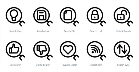 A set of 10 search icons as search idea, search drive, search file