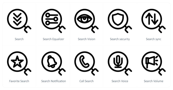 A set of 10 search icons as search, search equalizer, serach vision