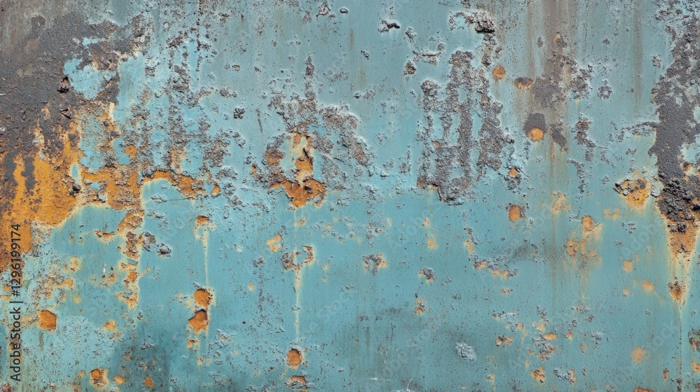 Aufkleber An aged surface displays intricate patterns of blue and orange, revealing layers of history with rust and wear. This unique texture suggests stories of weathering and change