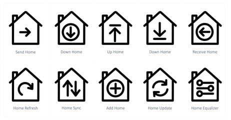 A set of 10 home icons as send home, down home, up home