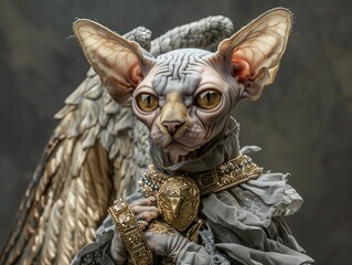 grey sphynx cat dressed as angel , smirking mischievously at the camera with mischievous detailed amber eyes , very detailed,
