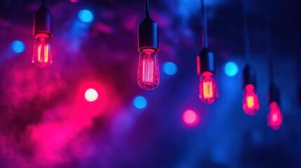 Neon lights hanging, smoky club, party background, event decor