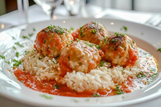 Chicken meatballs in creamy tomato sauce with rice on a white plate.
