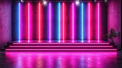 Neon stage lights, urban backdrop, product display
