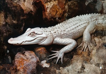 Obraz premium Stunning White Alligator Resting on Rocky Surface Surrounded by Natural Habitat in a Wildlife Conservation Setting