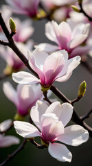 Blooming magnolia flowers close-up during a bright sunny day in spring
