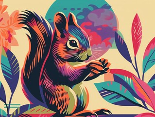 Obraz premium minimalist risograph A squirrel is looking at you with a hazelnut in her hand, using simple shapes with a woodblock technique and a bright pastel colour palette
