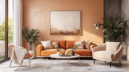 Modern living room with vibrant orange furniture and elegant decor