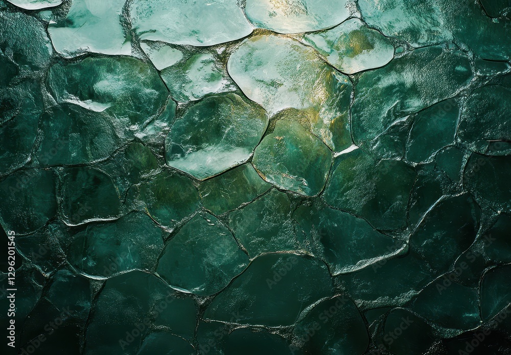 Poster textured background of broken green ice segments forming an abstract pattern for use in design and a