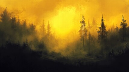 Obraz premium Golden Hour Forest Misty Pines Sunrise Landscape