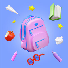Bright school backpack surrounded by items such as book, pencils, glasses, apple and paper airplane, 3d vector illustration