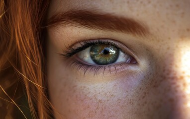 Obraz premium A close-up of the face and eyes of a beautiful young woman with red hair, with sunlight shining on her eye in front of a white background, 