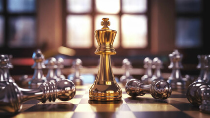 A golden chess king stands tall in the center of a chessboard, surrounded by fallen silver chess pieces