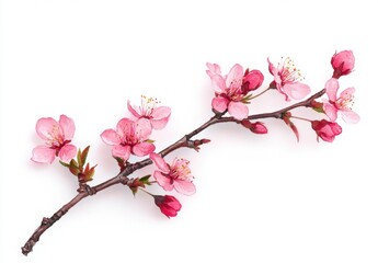 Delicate Pink Cherry Blossom Branch on White Background