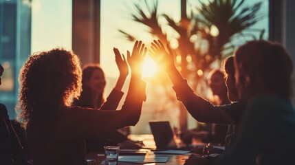 A vibrant team of colleagues celebrated their triumph in the boardroom, their applause illuminating the space with lens flare as they shared in the success of the presentation, a symbol of support,