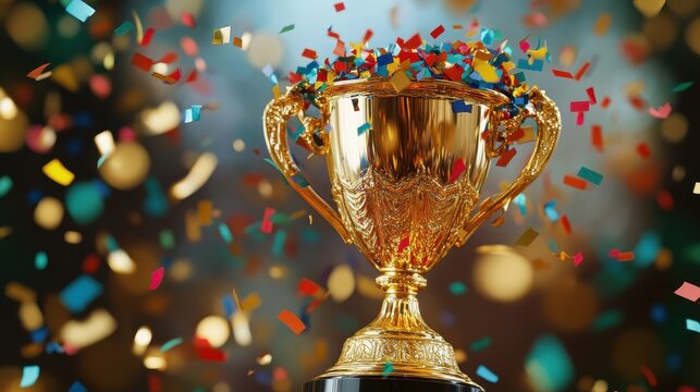 A gleaming golden trophy, crowned with a cascade of confetti, stood proudly as a testament to triumph, celebrating success and achievement. Its vibrant colors and intricate design exuded joy and