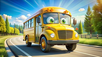 Obraz premium Cute Yellow School Bus Cartoon Illustration, Perfect for Kids' Projects and Educational Materials