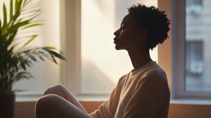 Rare illness patient taking deep breaths while seated in a calm, softly lit room. Featuring mindfulness and self-care