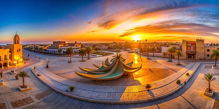 Dakhla Morocco Sunset Panoramic: Modern Sculpture in Town Square