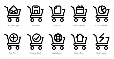 A set of 10 cart icons as cart message, cart drive, cart file