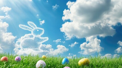Charming Easter Bunny Cloud Formation on Blue Sky over Green Grass with Colorful Scattered Eggs, Whimsical Spring Landscape
