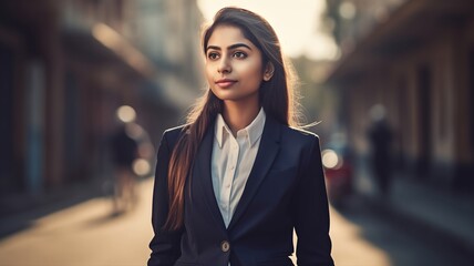 young South Asian women professional walking down a busy urban street
