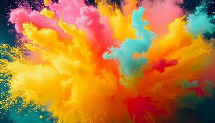 Obraz premium Dynamic burst of pink, yellow, and blue Holi powder in mid-air. Vibrant and energetic abstract background.