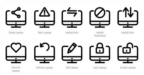 A set of 10 laptop icons as share laptop, alert laptop, laptop sync