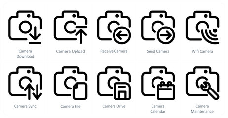 Fototapeta premium A set of 10 camera icons as camera download, camera upload, receive camera