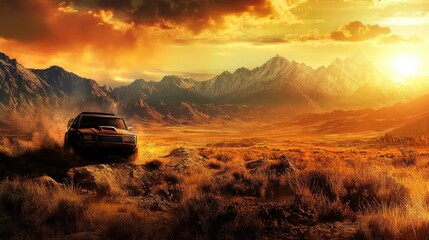 Fototapeta premium Rally Car Skimming Over High Desert Ridge