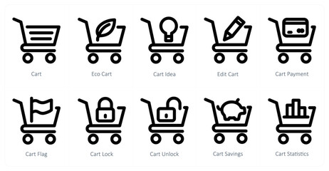 A set of 10 cart icons as cart, eco cart, cart idea
