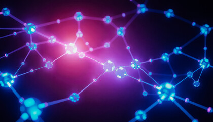 digital network with glowing blue and purple nodes connected by lines, symbolizing blockchain and AI.