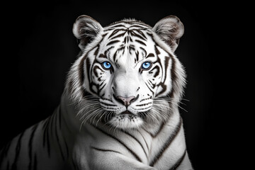Naklejka premium Majestic white tiger in dark background habitat close-up shot