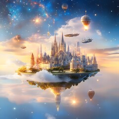 Fototapeta premium A fantastical dreamlike city suspended in the cosmos its skyline composed of towering cathedrals futuristic skyscrapers and medieval castles The city hovers above a mirror reflection